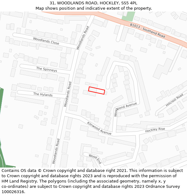 31, WOODLANDS ROAD, HOCKLEY, SS5 4PL: Location map and indicative extent of plot