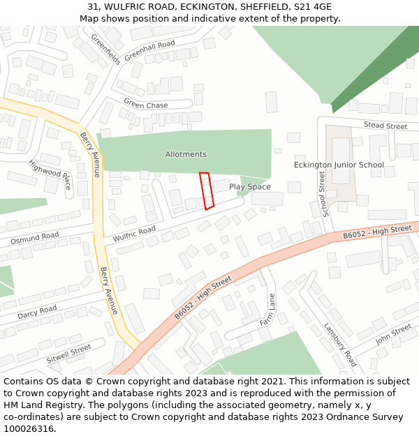 31, WULFRIC ROAD, ECKINGTON, SHEFFIELD, S21 4GE: Location map and indicative extent of plot