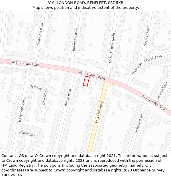 310, LONDON ROAD, BENFLEET, SS7 5XR: Location map and indicative extent of plot