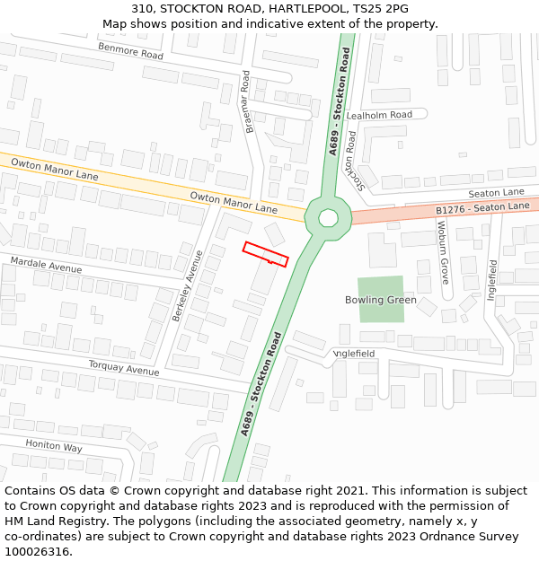 310, STOCKTON ROAD, HARTLEPOOL, TS25 2PG: Location map and indicative extent of plot