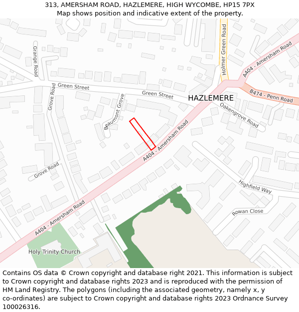 313, AMERSHAM ROAD, HAZLEMERE, HIGH WYCOMBE, HP15 7PX: Location map and indicative extent of plot