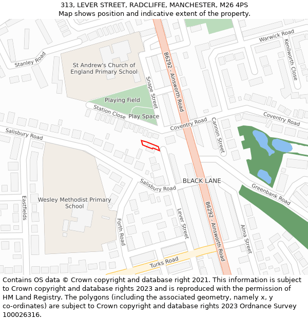 313, LEVER STREET, RADCLIFFE, MANCHESTER, M26 4PS: Location map and indicative extent of plot