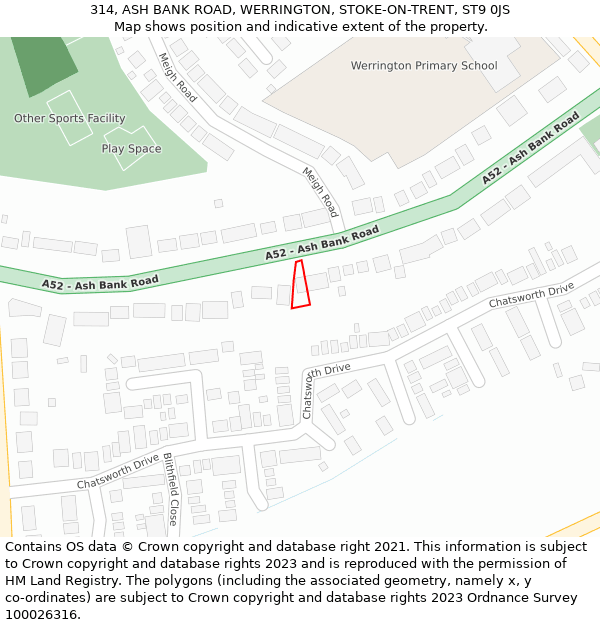 314, ASH BANK ROAD, WERRINGTON, STOKE-ON-TRENT, ST9 0JS: Location map and indicative extent of plot
