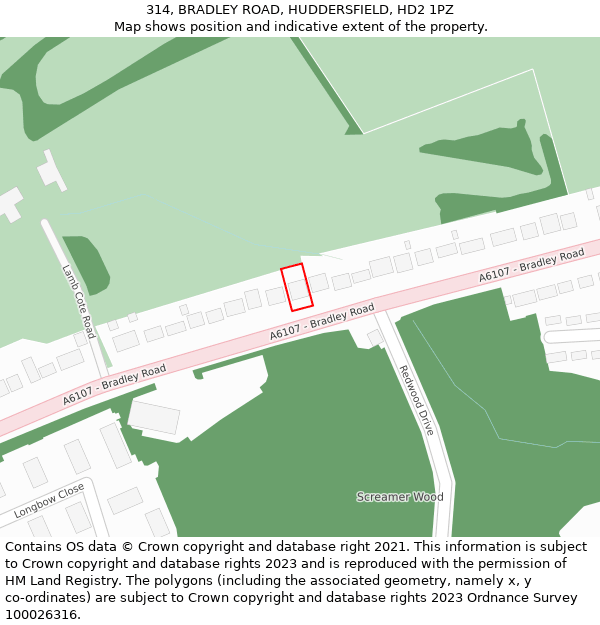 314, BRADLEY ROAD, HUDDERSFIELD, HD2 1PZ: Location map and indicative extent of plot
