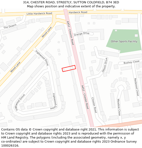314, CHESTER ROAD, STREETLY, SUTTON COLDFIELD, B74 3ED: Location map and indicative extent of plot