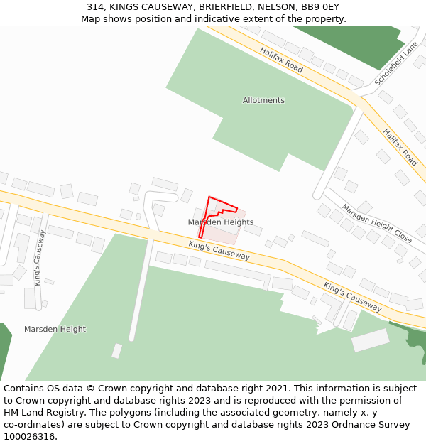 314, KINGS CAUSEWAY, BRIERFIELD, NELSON, BB9 0EY: Location map and indicative extent of plot