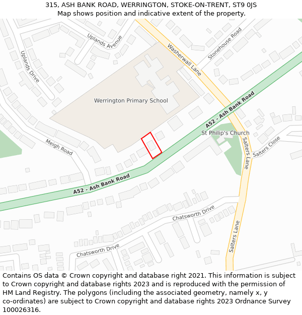 315, ASH BANK ROAD, WERRINGTON, STOKE-ON-TRENT, ST9 0JS: Location map and indicative extent of plot