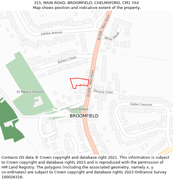 315, MAIN ROAD, BROOMFIELD, CHELMSFORD, CM1 7AX: Location map and indicative extent of plot