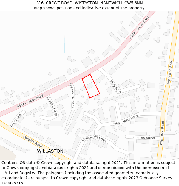 316, CREWE ROAD, WISTASTON, NANTWICH, CW5 6NN: Location map and indicative extent of plot