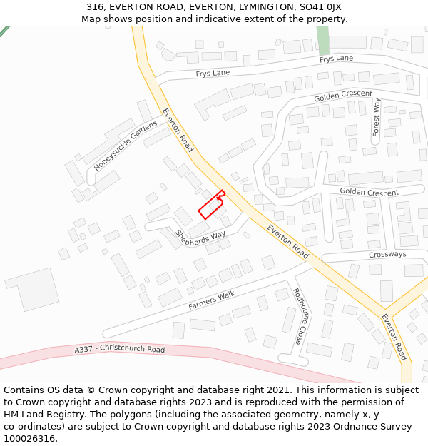 316, EVERTON ROAD, EVERTON, LYMINGTON, SO41 0JX: Location map and indicative extent of plot