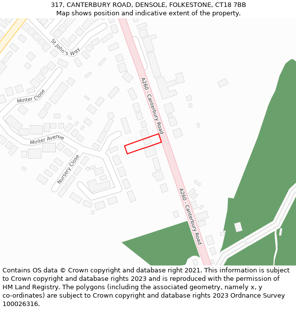 317, CANTERBURY ROAD, DENSOLE, FOLKESTONE, CT18 7BB: Location map and indicative extent of plot