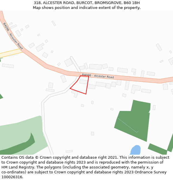 318, ALCESTER ROAD, BURCOT, BROMSGROVE, B60 1BH: Location map and indicative extent of plot