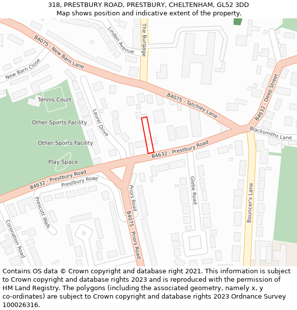 318, PRESTBURY ROAD, PRESTBURY, CHELTENHAM, GL52 3DD: Location map and indicative extent of plot