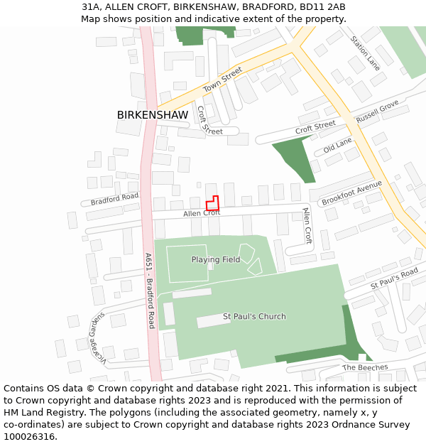 31A, ALLEN CROFT, BIRKENSHAW, BRADFORD, BD11 2AB: Location map and indicative extent of plot