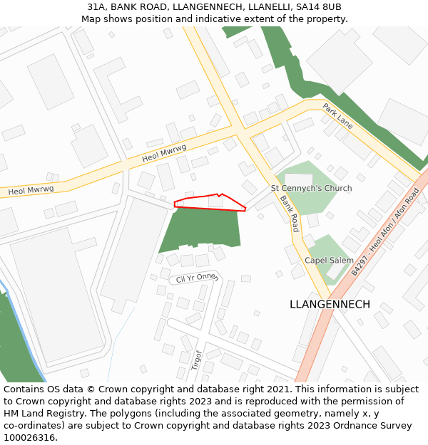 31A, BANK ROAD, LLANGENNECH, LLANELLI, SA14 8UB: Location map and indicative extent of plot