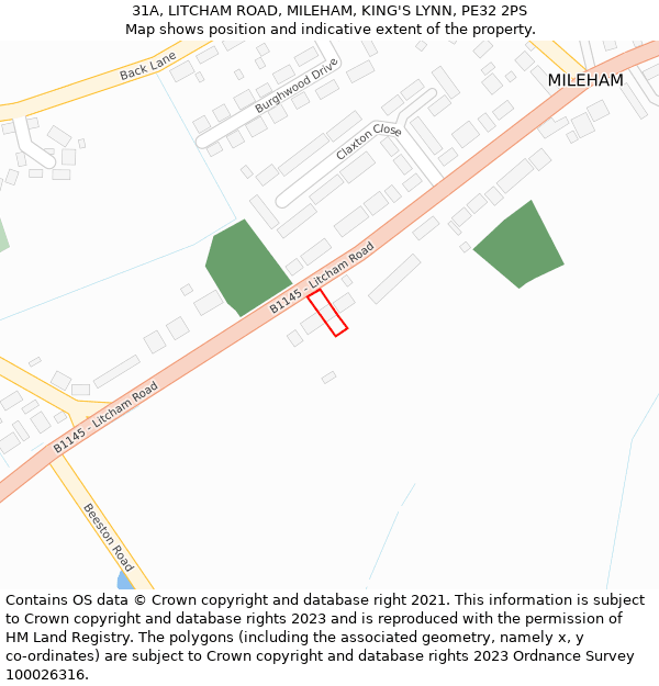 31A, LITCHAM ROAD, MILEHAM, KING'S LYNN, PE32 2PS: Location map and indicative extent of plot