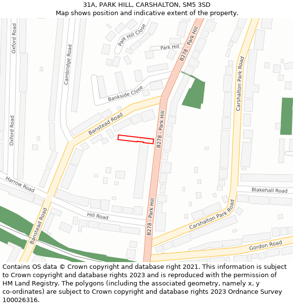 31A, PARK HILL, CARSHALTON, SM5 3SD: Location map and indicative extent of plot