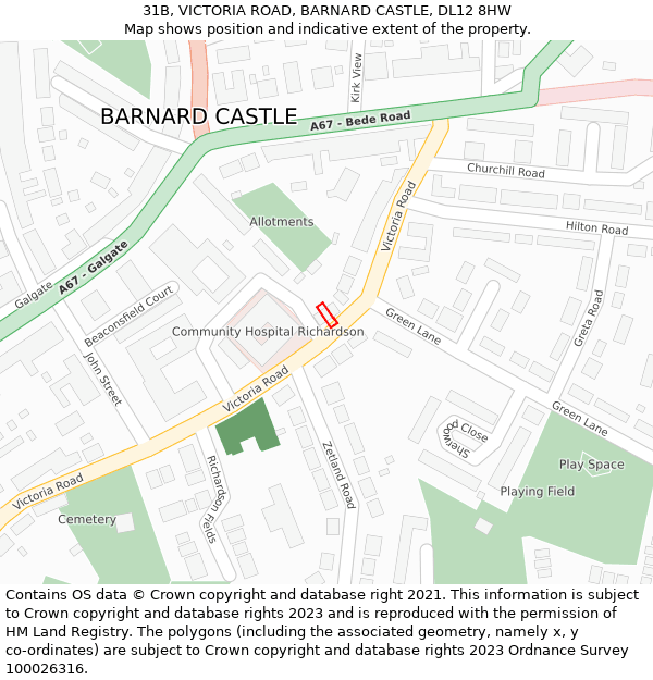 31B, VICTORIA ROAD, BARNARD CASTLE, DL12 8HW: Location map and indicative extent of plot