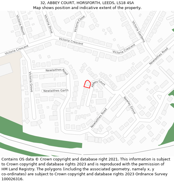 32, ABBEY COURT, HORSFORTH, LEEDS, LS18 4SA: Location map and indicative extent of plot