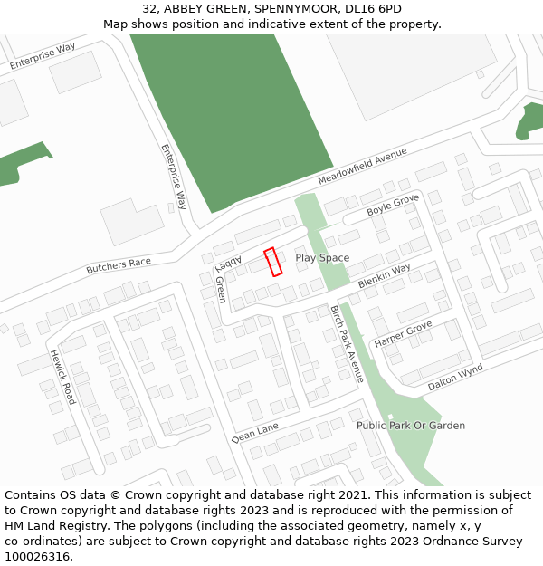 32, ABBEY GREEN, SPENNYMOOR, DL16 6PD: Location map and indicative extent of plot