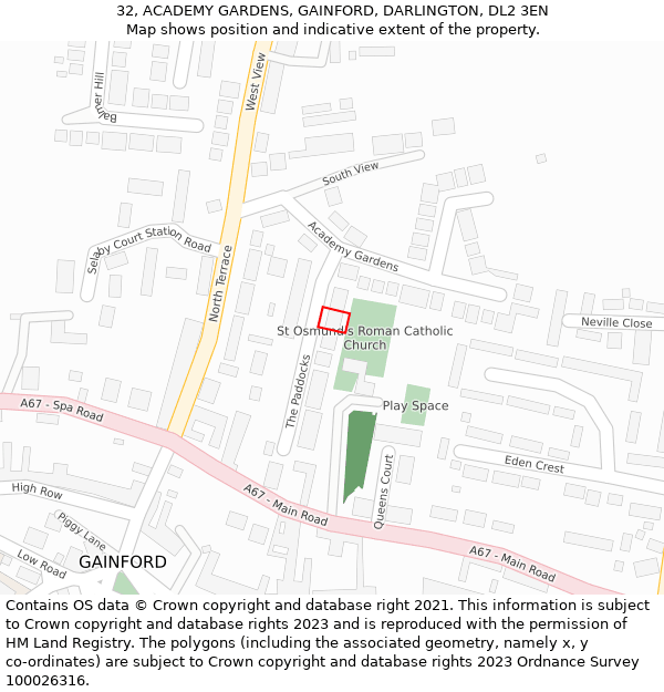 32, ACADEMY GARDENS, GAINFORD, DARLINGTON, DL2 3EN: Location map and indicative extent of plot