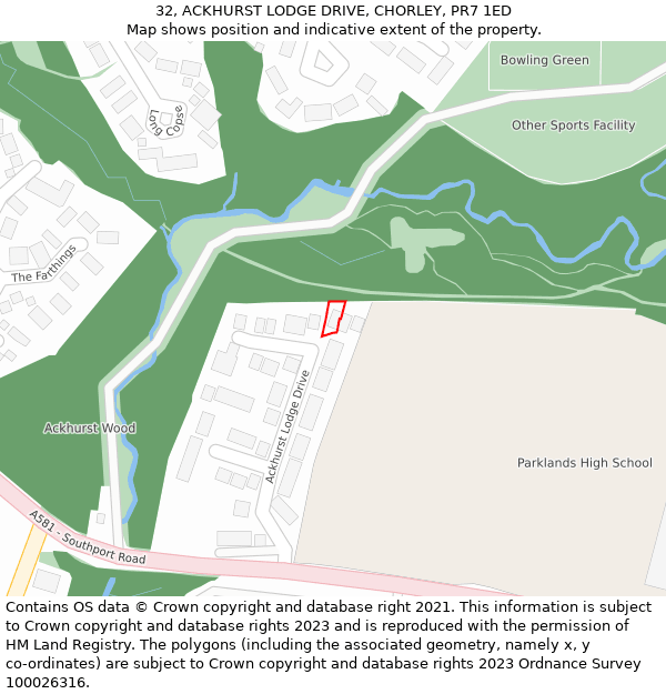 32, ACKHURST LODGE DRIVE, CHORLEY, PR7 1ED: Location map and indicative extent of plot