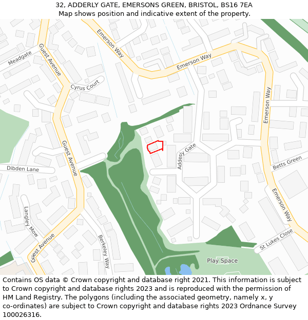 32, ADDERLY GATE, EMERSONS GREEN, BRISTOL, BS16 7EA: Location map and indicative extent of plot