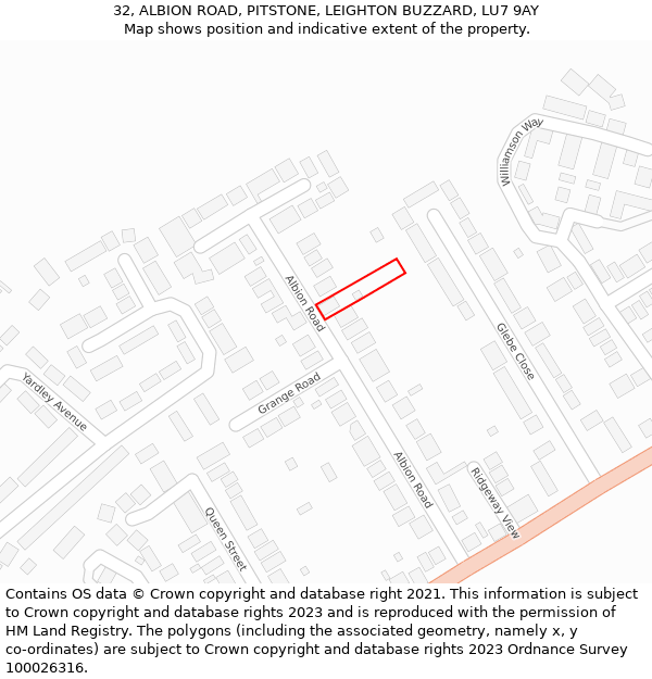 32, ALBION ROAD, PITSTONE, LEIGHTON BUZZARD, LU7 9AY: Location map and indicative extent of plot