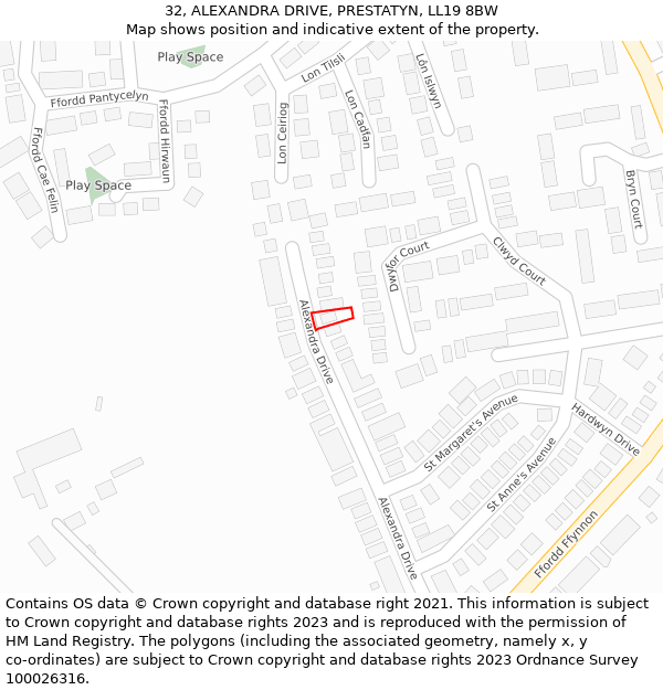 32, ALEXANDRA DRIVE, PRESTATYN, LL19 8BW: Location map and indicative extent of plot