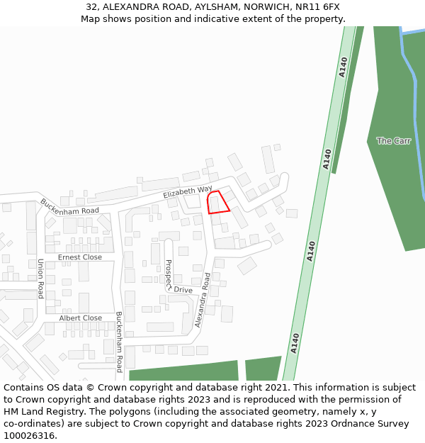 32, ALEXANDRA ROAD, AYLSHAM, NORWICH, NR11 6FX: Location map and indicative extent of plot