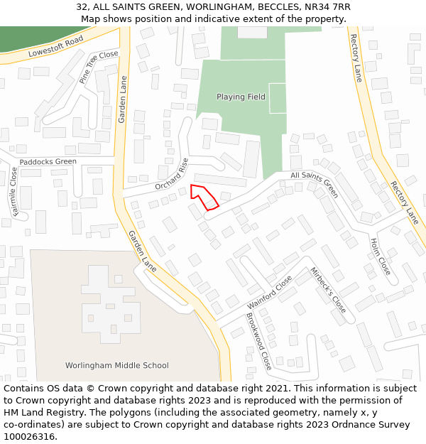 32, ALL SAINTS GREEN, WORLINGHAM, BECCLES, NR34 7RR: Location map and indicative extent of plot