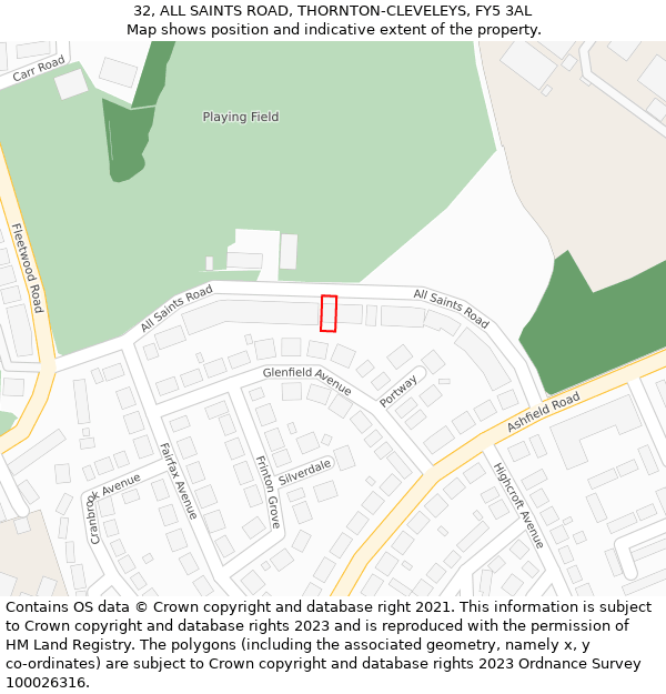 32, ALL SAINTS ROAD, THORNTON-CLEVELEYS, FY5 3AL: Location map and indicative extent of plot