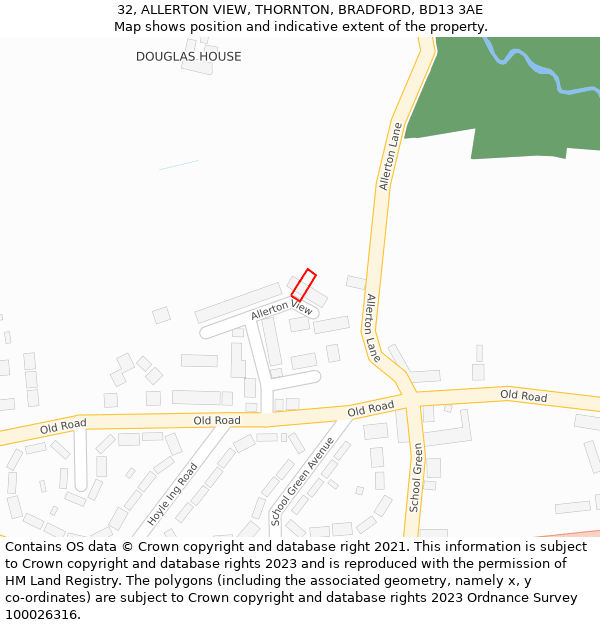 32, ALLERTON VIEW, THORNTON, BRADFORD, BD13 3AE: Location map and indicative extent of plot