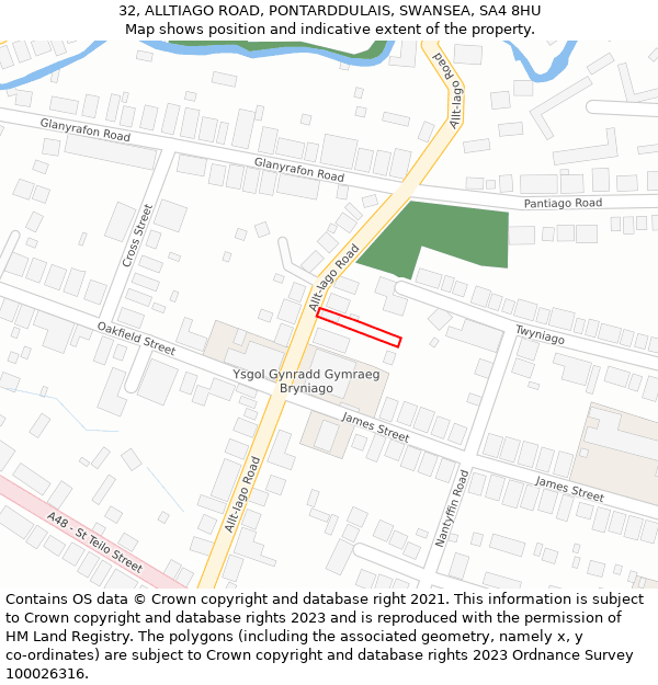 32, ALLTIAGO ROAD, PONTARDDULAIS, SWANSEA, SA4 8HU: Location map and indicative extent of plot