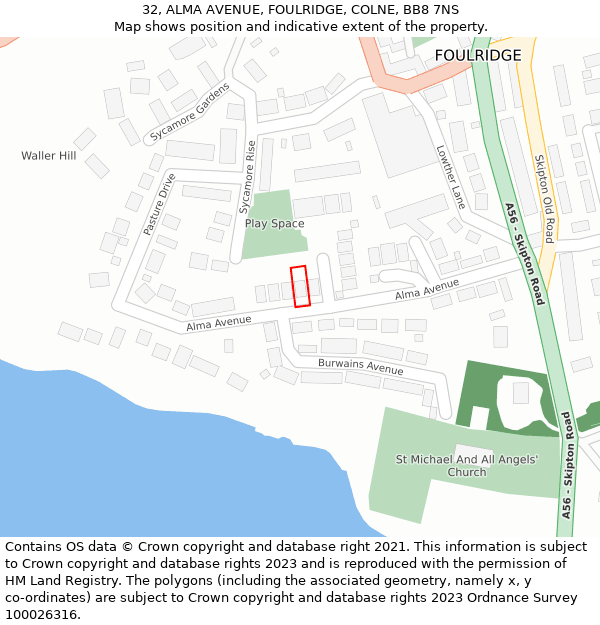 32, ALMA AVENUE, FOULRIDGE, COLNE, BB8 7NS: Location map and indicative extent of plot