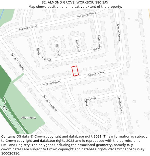 32, ALMOND GROVE, WORKSOP, S80 1AY: Location map and indicative extent of plot