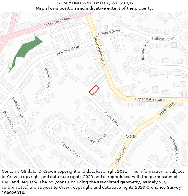 32, ALMOND WAY, BATLEY, WF17 0QG: Location map and indicative extent of plot