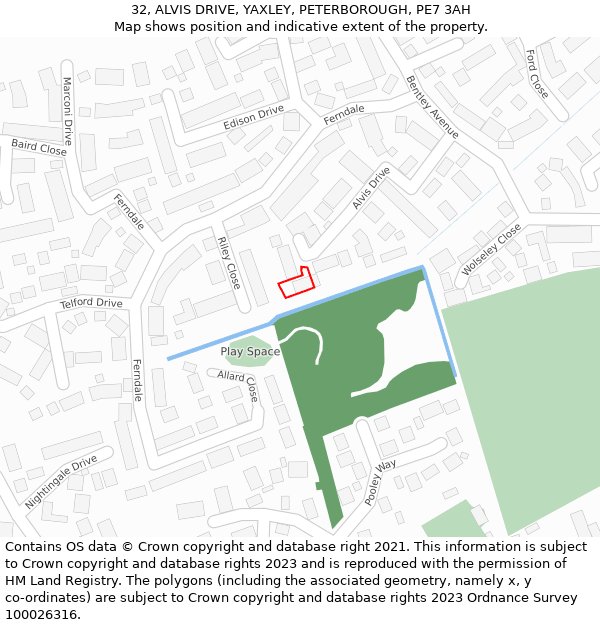 32, ALVIS DRIVE, YAXLEY, PETERBOROUGH, PE7 3AH: Location map and indicative extent of plot