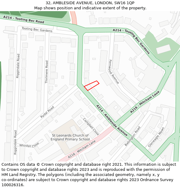 32, AMBLESIDE AVENUE, LONDON, SW16 1QP: Location map and indicative extent of plot