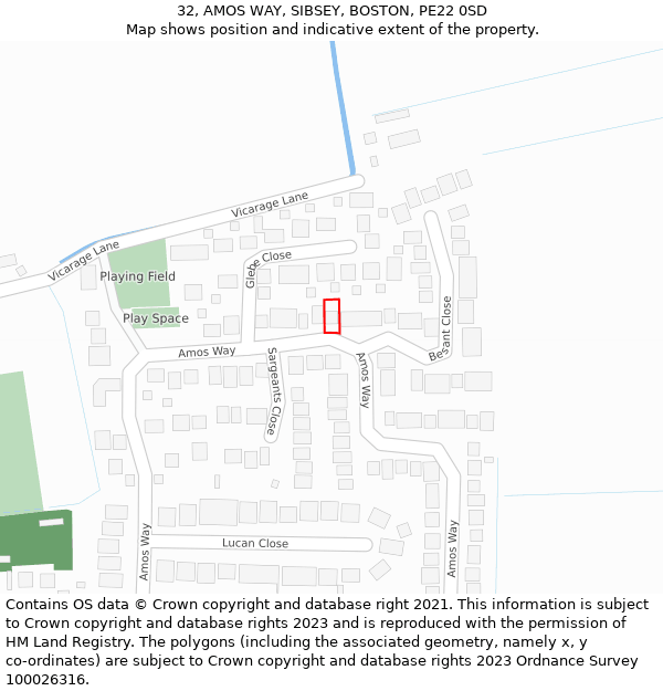 32, AMOS WAY, SIBSEY, BOSTON, PE22 0SD: Location map and indicative extent of plot