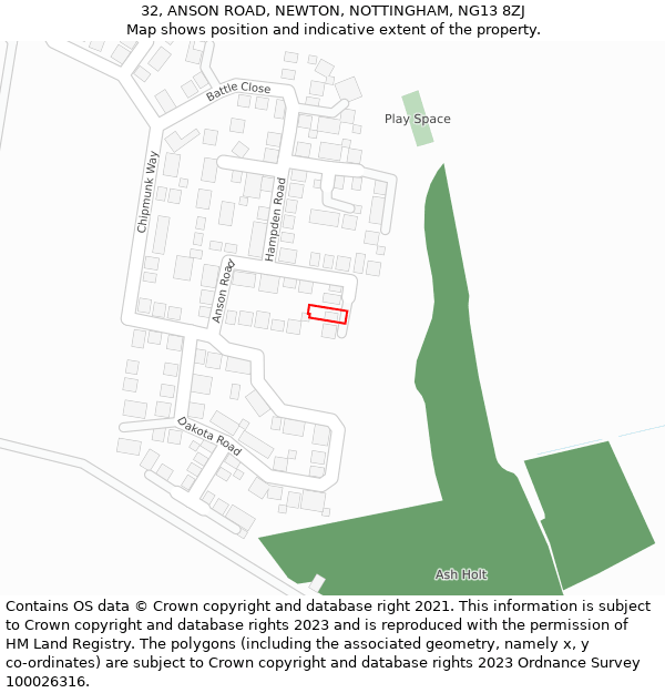 32, ANSON ROAD, NEWTON, NOTTINGHAM, NG13 8ZJ: Location map and indicative extent of plot