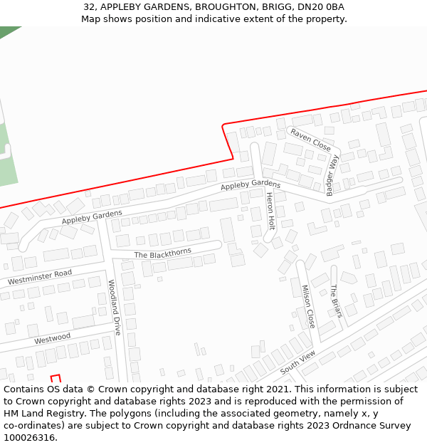 32, APPLEBY GARDENS, BROUGHTON, BRIGG, DN20 0BA: Location map and indicative extent of plot