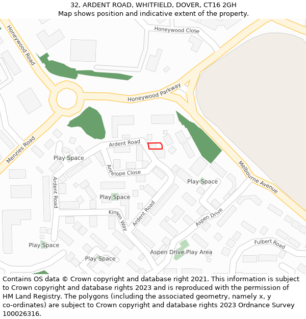 32, ARDENT ROAD, WHITFIELD, DOVER, CT16 2GH: Location map and indicative extent of plot