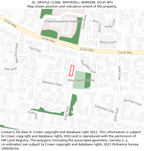 32, ARGYLE CLOSE, WHITEHILL, BORDON, GU35 9PU: Location map and indicative extent of plot