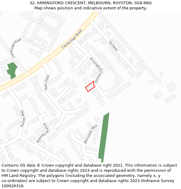 32, ARMINGFORD CRESCENT, MELBOURN, ROYSTON, SG8 6NG: Location map and indicative extent of plot