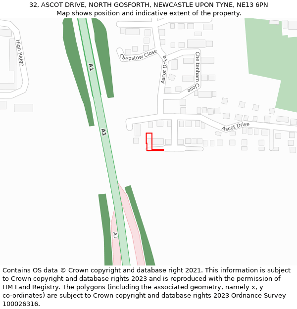 32, ASCOT DRIVE, NORTH GOSFORTH, NEWCASTLE UPON TYNE, NE13 6PN: Location map and indicative extent of plot