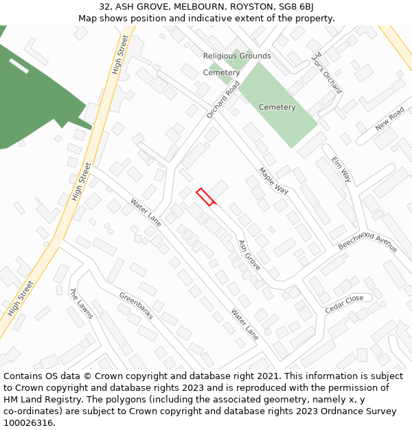 32, ASH GROVE, MELBOURN, ROYSTON, SG8 6BJ: Location map and indicative extent of plot