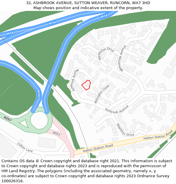32, ASHBROOK AVENUE, SUTTON WEAVER, RUNCORN, WA7 3HD: Location map and indicative extent of plot