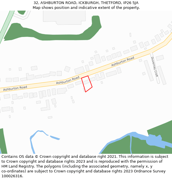32, ASHBURTON ROAD, ICKBURGH, THETFORD, IP26 5JA: Location map and indicative extent of plot