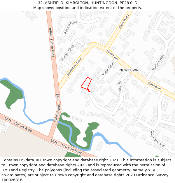 32, ASHFIELD, KIMBOLTON, HUNTINGDON, PE28 0LD: Location map and indicative extent of plot